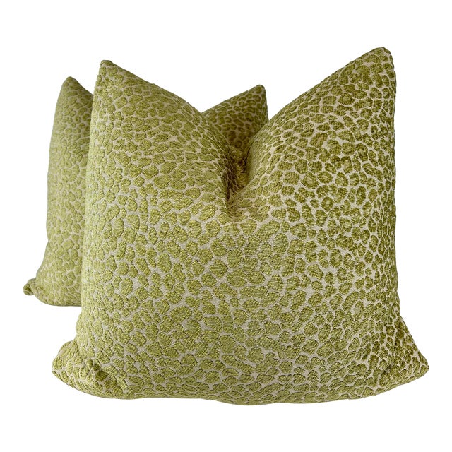 Cheetah Chenille in Green 22" Pillows-A Pair For Sale