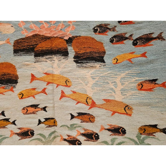 Blue Vintage Hand-Woven Kilim Rug, Ocean Scene, Mid-Century Modern, Turkey For Sale - Image 8 of 12