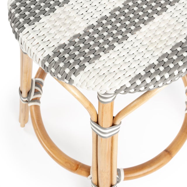 Tobias 24 in. Seat Height Round Rattan Backless Counter Stool, Gray/White Stripe/ Natural Rattan Frame For Sale In Chicago - Image 6 of 8
