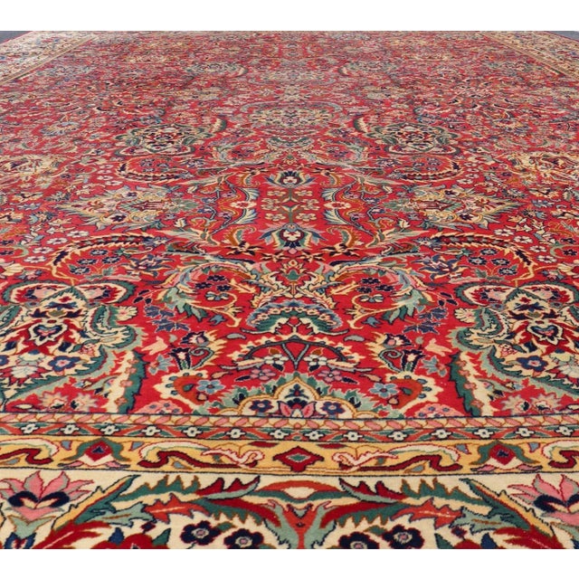 Large Colorful Tabriz Rug in All-Over Floral Design in Red Background & Ivory For Sale In Atlanta - Image 6 of 12