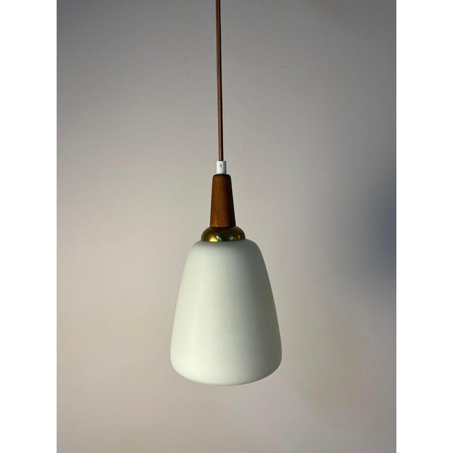 Opal Glass Pendant Lamp with Teak and Brass Cable, Denmark For Sale - Image 11 of 11