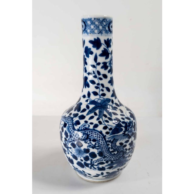 Chinese 19th Century Chinese Blue and White Bottle Vase With Peony and Dragon, Repaired For Sale - Image 3 of 13