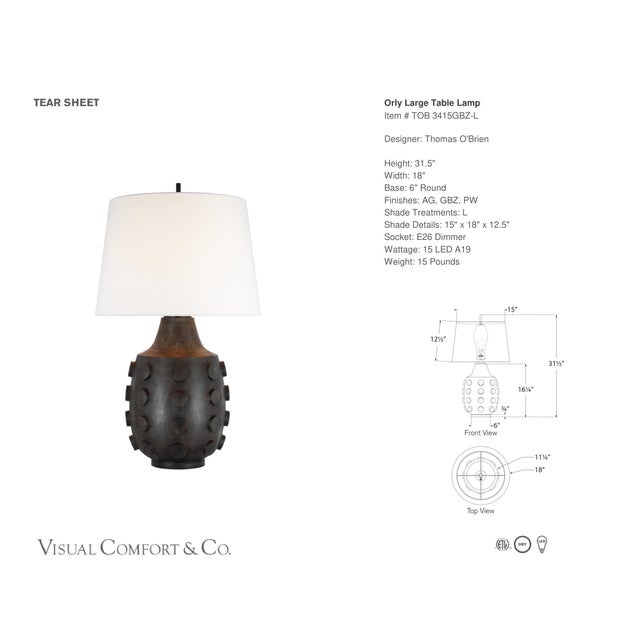 Thomas O'Brien by Visual Comfort Signature Orly Large Table Lamp in Garden Bronze with Linen Shade Designer: Thomas...