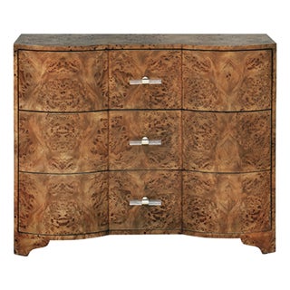 Matthew Izzo Home Plymouth Dark Burlwood Three Drawer Chest With Acrylic and Brass Drawer Pulls For Sale