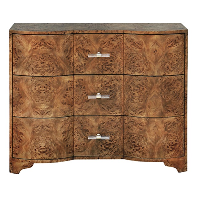 Matthew Izzo Home Plymouth Dark Burlwood Three Drawer Chest With Acrylic and Brass Drawer Pulls For Sale