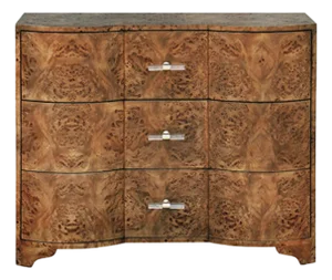 Matthew Izzo Home Plymouth Dark Burlwood Three Drawer Chest With Acrylic and Brass Drawer Pulls