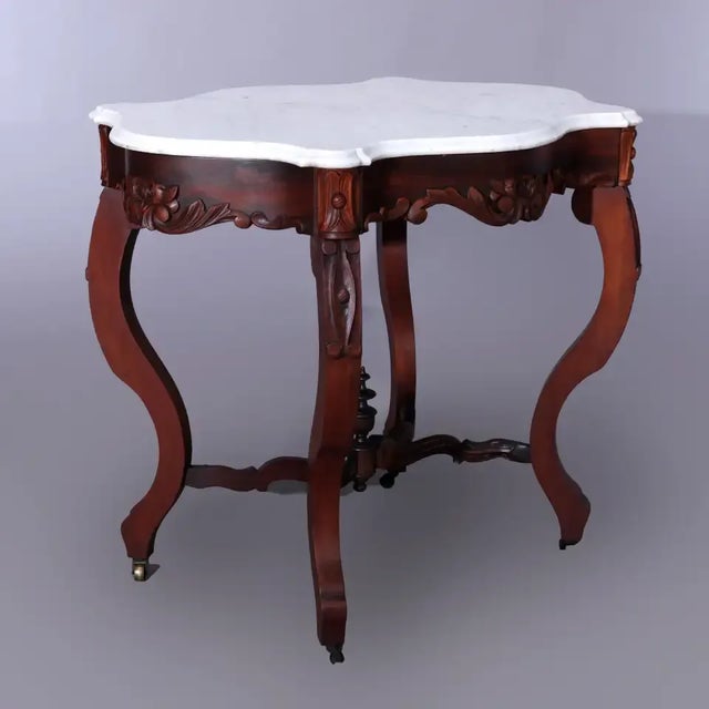 Late 19th Century Antique Rococo Carved Walnut & Marble Turtle Top Parlor Table Circa 1880 For Sale - Image 5 of 13