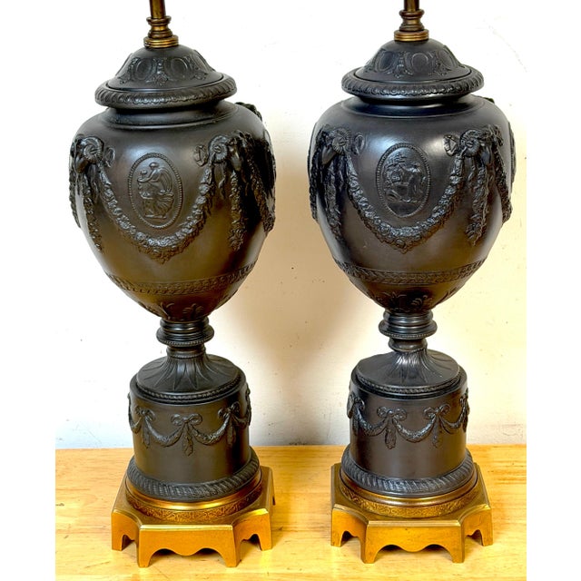 Mid 20th Century Warren Kessler Wedgwood Style Black Basalt Neoclassical Urn Lamps - a Pair For Sale - Image 9 of 16