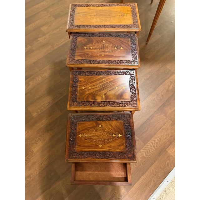 Wood Vintage Hand-Carved Hardwood Nesting Tables Set of 4 With Brass Inlay & Hidden Drawer For Sale - Image 7 of 7