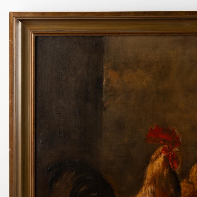 19th-century Spanish oil on canvas depicting a barnyard scene with a rooster and two chickens. Hay is painted beneath...