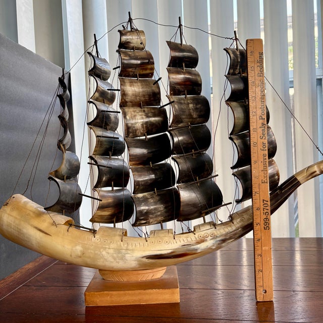 Large Vintage Carved Horn Ship Sculpture on Wooden Base For Sale - Image 12 of 12