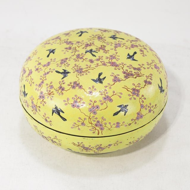 Vintage Chinese Yellow-Ground Famille Rose 'Prunus and Magpie' Porcelain Covered Box For Sale In New York - Image 6 of 13