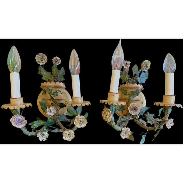 PAIR Antique French Tole Floral Wall Sconces Antique metal tole hand painted two-arm electrified wall sconces. Charming...