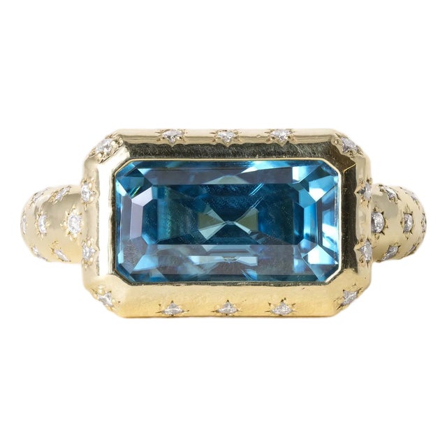 18k Gold 5.20 Carat Elongated Blue Zircon Emerald and Diamond Bezel Ring, Size 6 For Sale