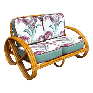 Restored Mid-Century 3-Strand Round Full Pretzel Rattan Settee Sofa For Sale