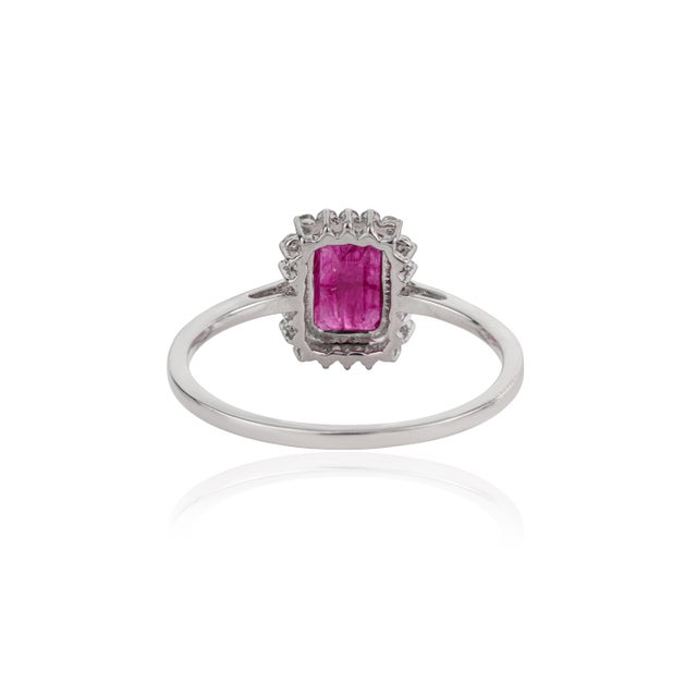 1.05ct Emerald-Cut Ruby & Diamond Halo Engagement Ring Size 6 in 14k Gold For Sale - Image 9 of 16