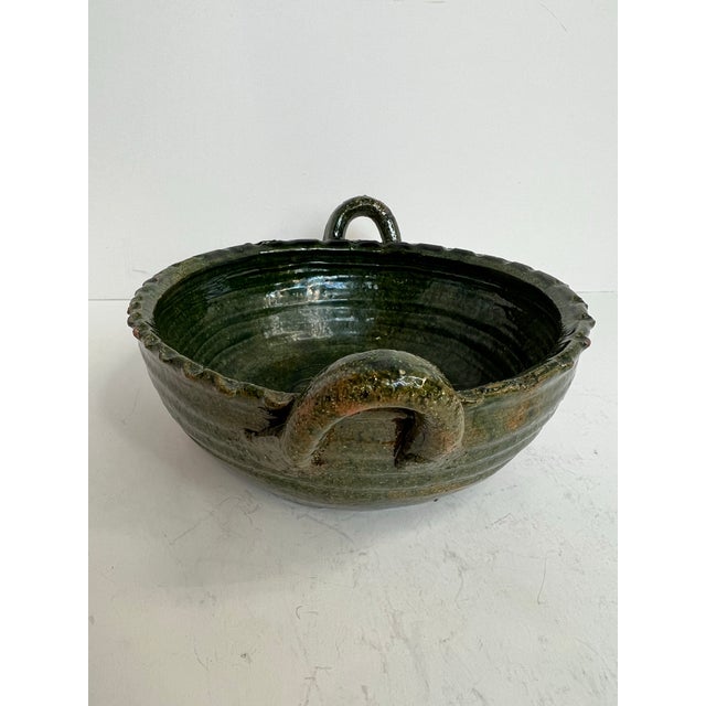 Rustic Oaxacan Barro Verde Pottery Serving Bowl With Handles Green Glazed Incised Floral Earthenware Oaxaca Mexico For Sale - Image 4 of 8