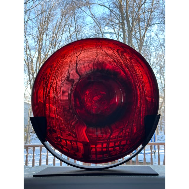 Garnet Art Glass Sculpture on Black Metal Stand, Hand-Blown by Rick & Janet Nicholson, Signed & Dated 2013 For Sale - Image 9 of 9