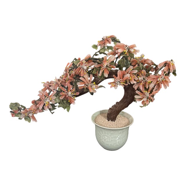 VTG Bonsai Jade Stone Rose Quartz Agate Glass Flower Leaf Tree Celadon Pot 19in For Sale
