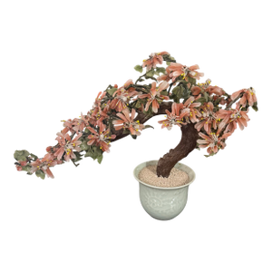 VTG Bonsai Jade Stone Rose Quartz Agate Glass Flower Leaf Tree Celadon Pot 19in