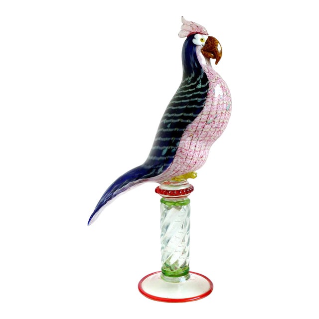 Vintage Murano Colorful Fenicio Pulled Feather Design Italian Art Glass Parrot Bird Sculpture on Pedestal For Sale