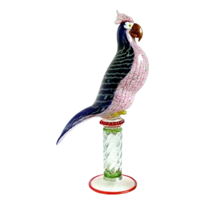 Vintage Murano Fenicio Pulled Feather Colorful Design Italian Art Glass Parrot Bird Sculpture on Pedestal