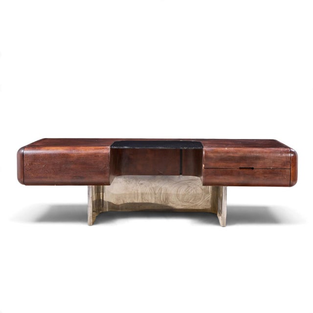 M.F. Harty for Stow & Davis Mid Century Walnut, Chrome and Glass Executive Desk This desk measures: 96 wide x 38 deep x 28...