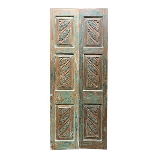 Vintage Hand-Carved Wood Double Doors – Rustic Blue Gray Farmhouse Barn Doors 80x32 For Sale