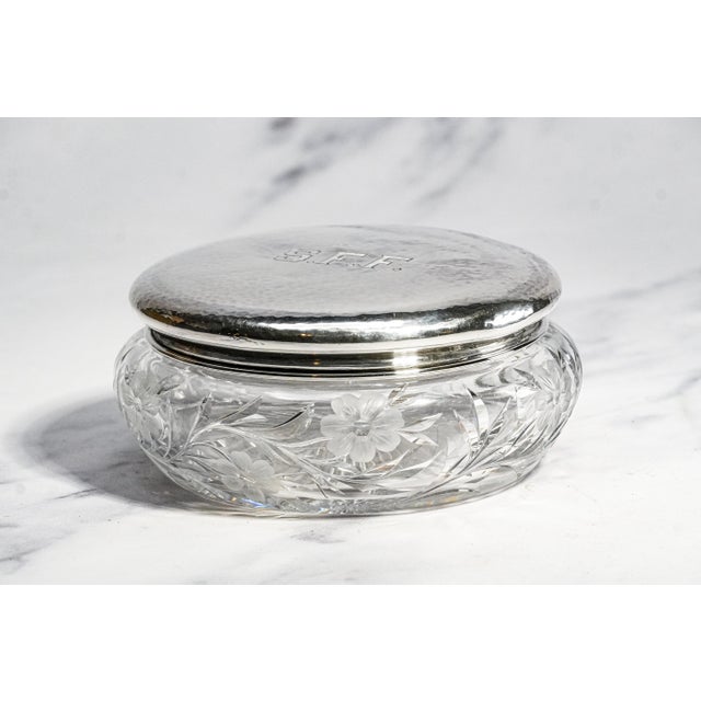 Stunning Large Antique Crystal Powder Jar Sterling Silver Lid Floral Cut Glass Edwardian Vanity Box For Sale - Image 4 of 16