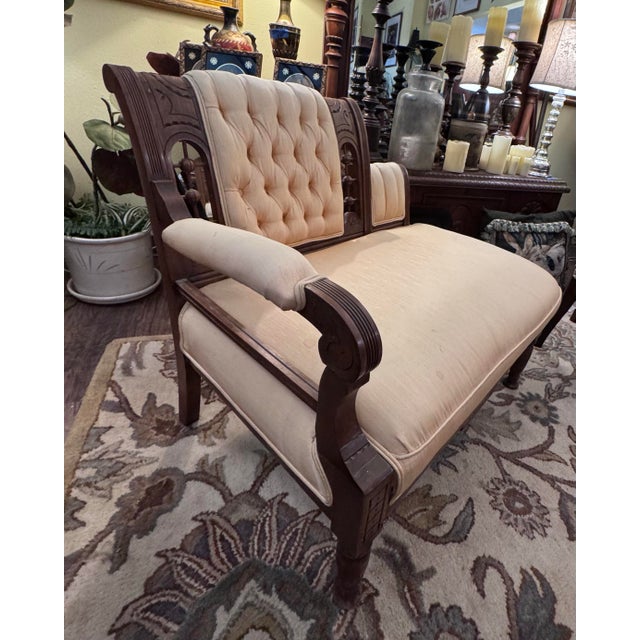 Almond Antique American Victorian Walnut Tufted Parlor Settee With Carved Frame, Circa 1880 For Sale - Image 8 of 8