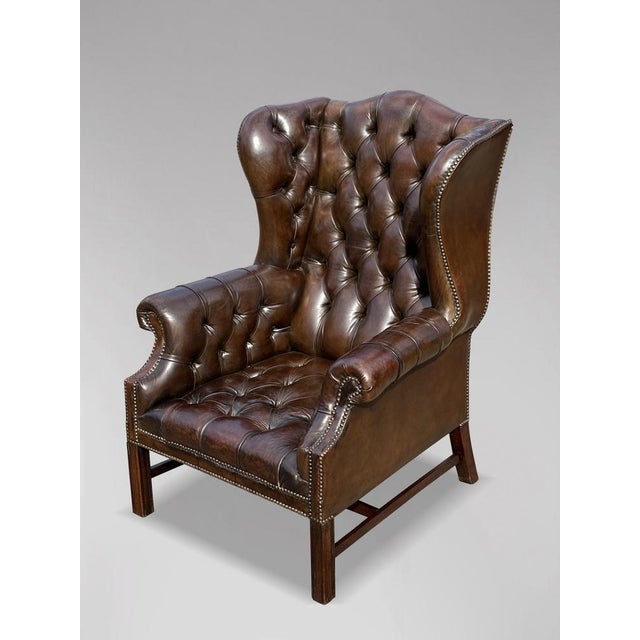 Brown Brown Leather Full Button Wing Back Armchair, 1910 For Sale - Image 8 of 9