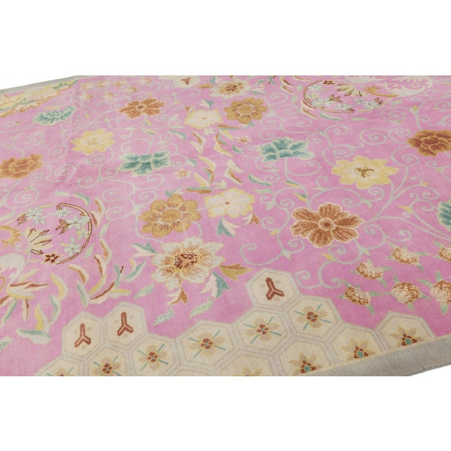Textile Modern Art Deco Style Handmade Wool Rug in Pink With Floral Design For Sale - Image 7 of 11