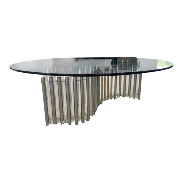 Post-Modern Glass Coffee Table Serpentine Picket Base of Frosted Lucite and Chrome Rods For Sale