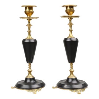 Empire Style Bronze and Ceramic Candlesticks, France, 1870s, Set of 2 For Sale
