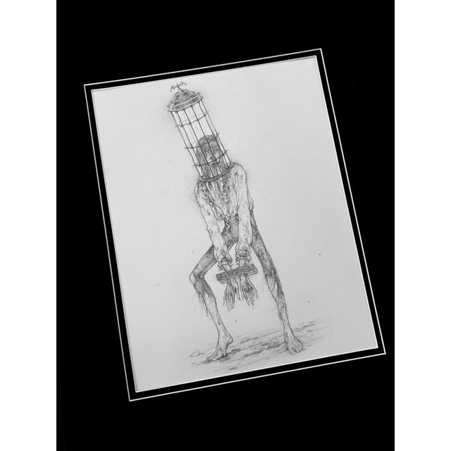 The artwork presents a haunting figure, a vampire encased in a cage-like structure, evoking themes of confinement and...