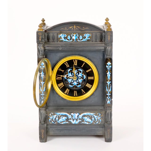 French Tiffany & Co. French Black Slate / Enamel Striking Mantel Clock, Circa 1880–1890 For Sale - Image 3 of 18