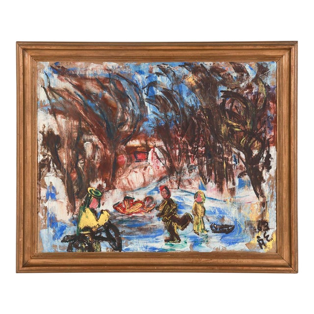Large Mid-Century Oil on Canvas "Ice Skaters in the Park" For Sale