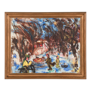 Large Mid-Century Oil on Canvas "Ice Skaters in the Park"