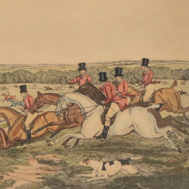 Illustration Vintage Hand-Tinted Fox Hunt Print "Full Cry" Framed For Sale - Image 3 of 11