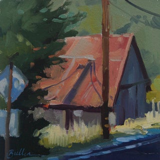 Mountain Road by Samantha Buller | Oil on panel Painting of a rural road with a house and trees. For Sale