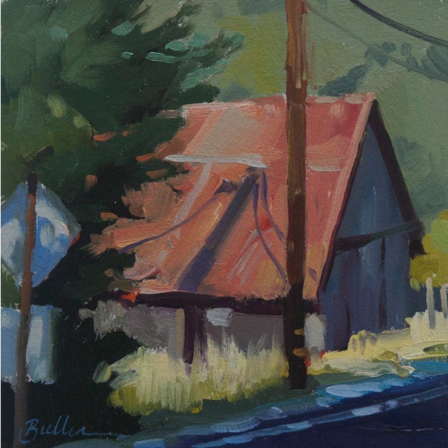 Mountain Road by Samantha Buller | Oil on panel Painting of a rural road with a house and trees. For Sale