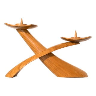 Mid-Century Modern Biomorphic Boomerang Wood Double Flame Candlestick, 1950s For Sale