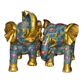 Monumental Pair of Vintage Chinese Cloisonné Elephants - 36lbs "Peace & Prosperity" Figurines For Sale