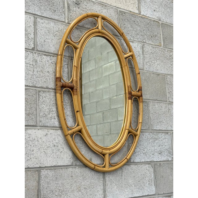 Mid-Century Modern 1970s Bamboo and Rattan Oval Wall Mirror For Sale - Image 3 of 9