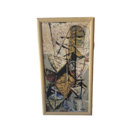 Mid-Century Modern MCM Signed Geometric Abstract Small Oil Painting on Board For Sale - Image 3 of 6