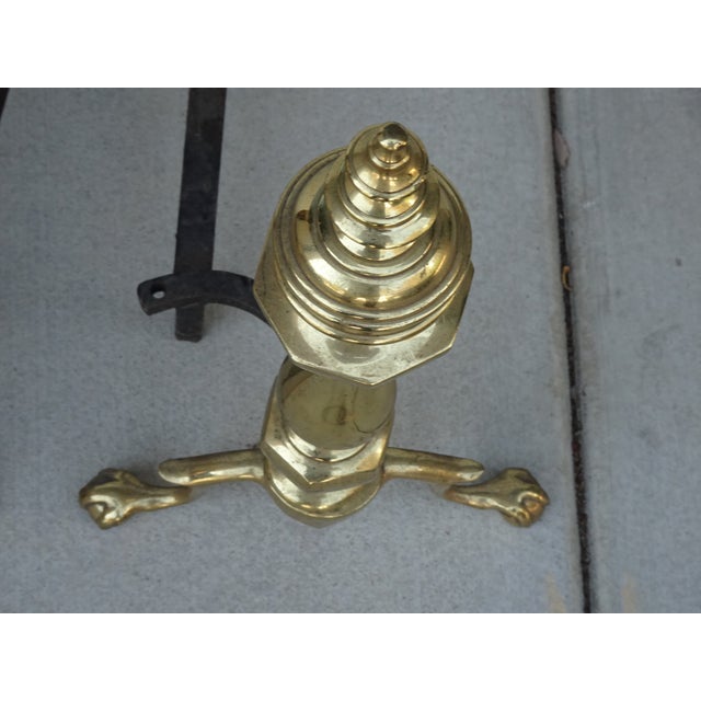 Brass Pair of Vintage American Federal Brass Andirons W Wrought Iron Log Holders For Sale - Image 8 of 9