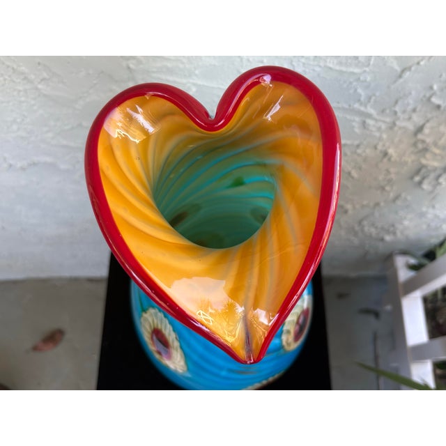 Large Vintage Murano Art Glass Vase With Millefiori Flowers, Gold Aventurine & Heart-Shaped Rim, Italy For Sale - Image 10 of 12