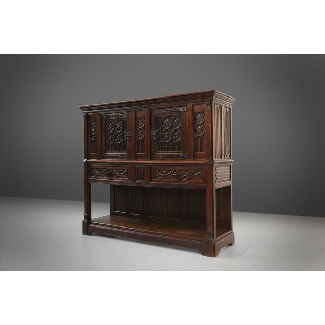 France / 1850 / cabinet / oak / neo-gothic / antique Oak neo-gothic cabinet/ highboard with 2 doors and 2 large drawers...