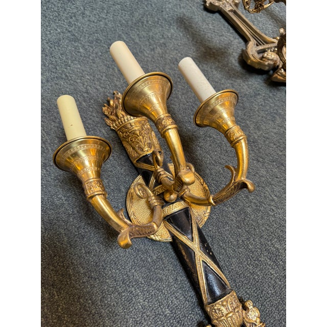Mid 20th Century Mid 20th Century Neoclassical Brass Torch Wall Sconces, Pair - Made in Spain For Sale - Image 5 of 11