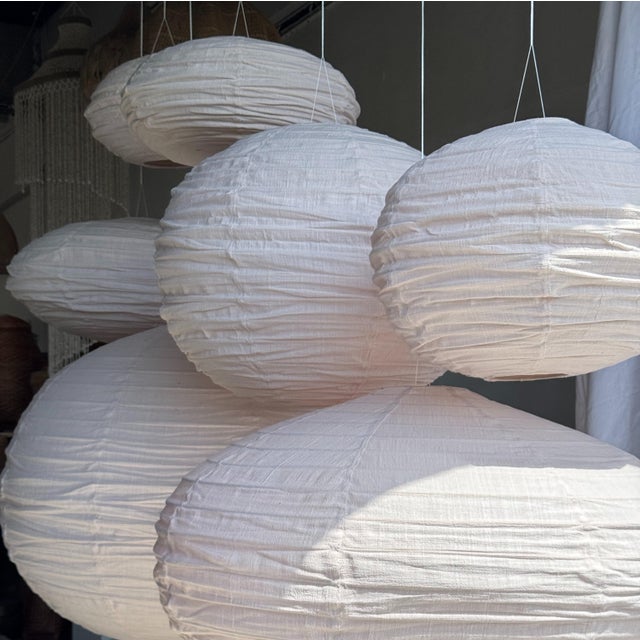 Large Round Pink Japanese-Style Rattan and Natural Linen Pendant Light For Sale - Image 6 of 18